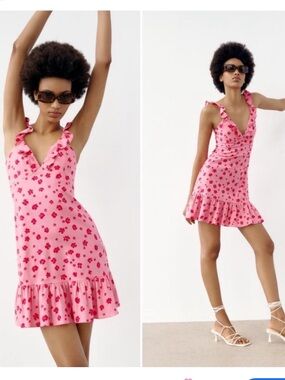 Zara Pink Floral Ruffle Strap Mini Dress